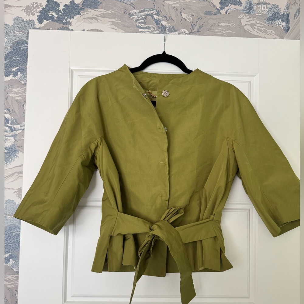 VTG MOSCHINO Avocado Green Silk Taffeta Belted Wrap Jacket Size 42 US 8